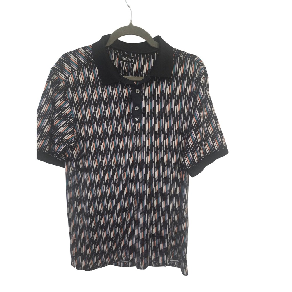 Bad Birdie Mens Golf Polo Shirt Medium Black Geometric Pattern Short Sleeve